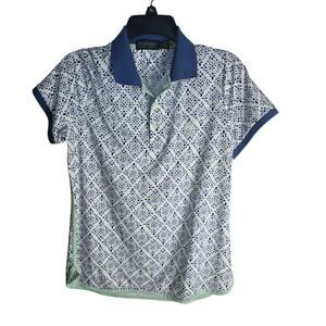 Polo Ralph Lauren White Blue Tile‎ Printed Golf Polo Shirt Women’s Size Medium